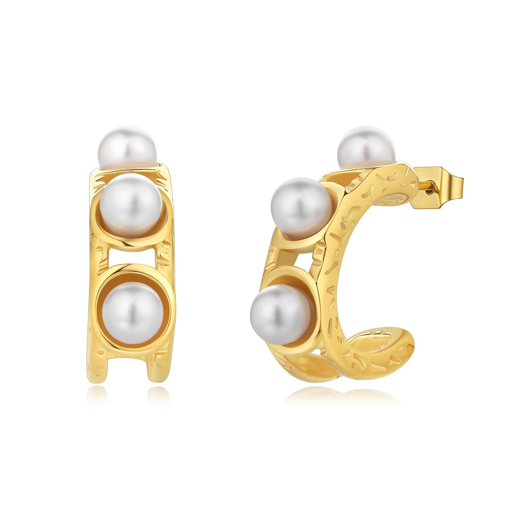 Gold Hoop Earrings with White Pearl Inlays and Engraved Design