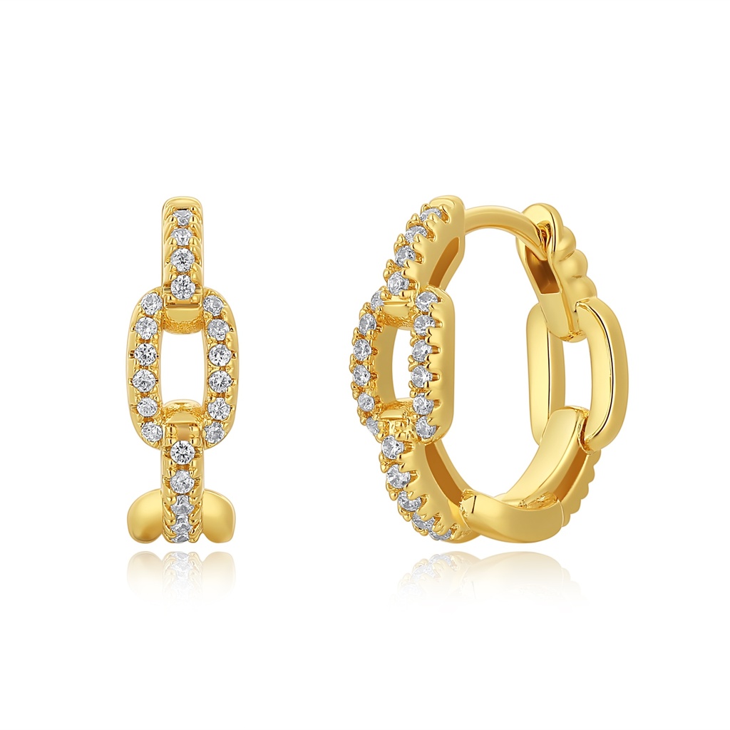 Gold Link Huggie Hoops with Sparkling CZ Pavé Detailing