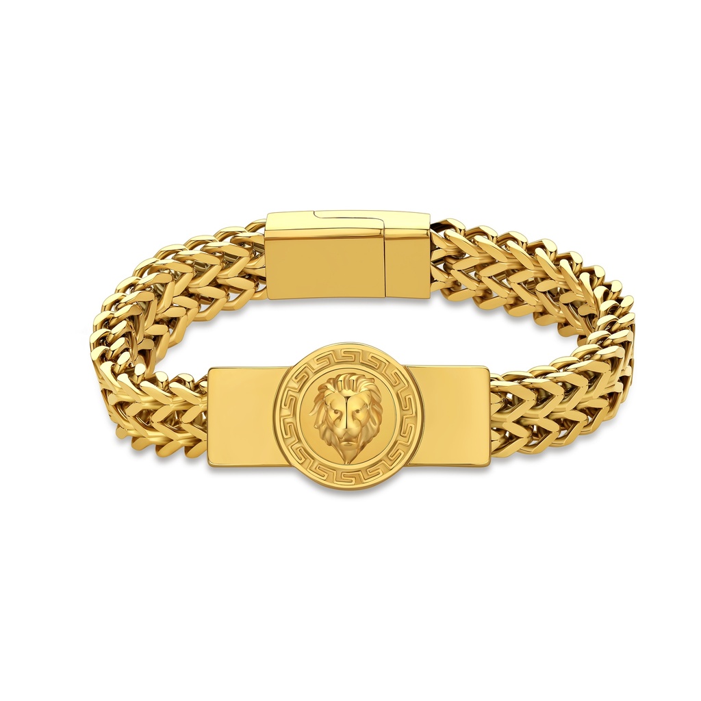 Gold Lion Emblem Stainless Steel Link Bracelet with Secure Clasp