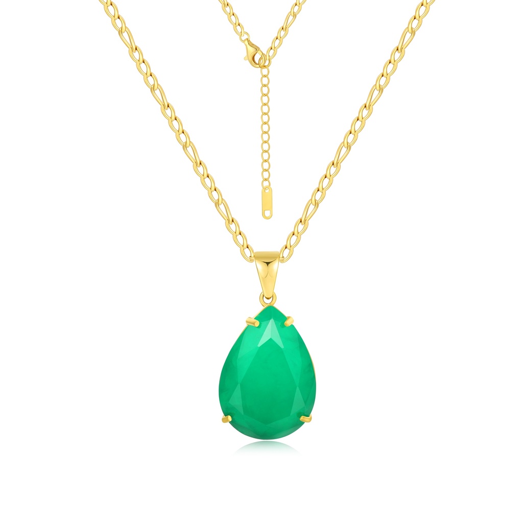 Gold Necklace with Teardrop Green Crystal Pendant for Elegance