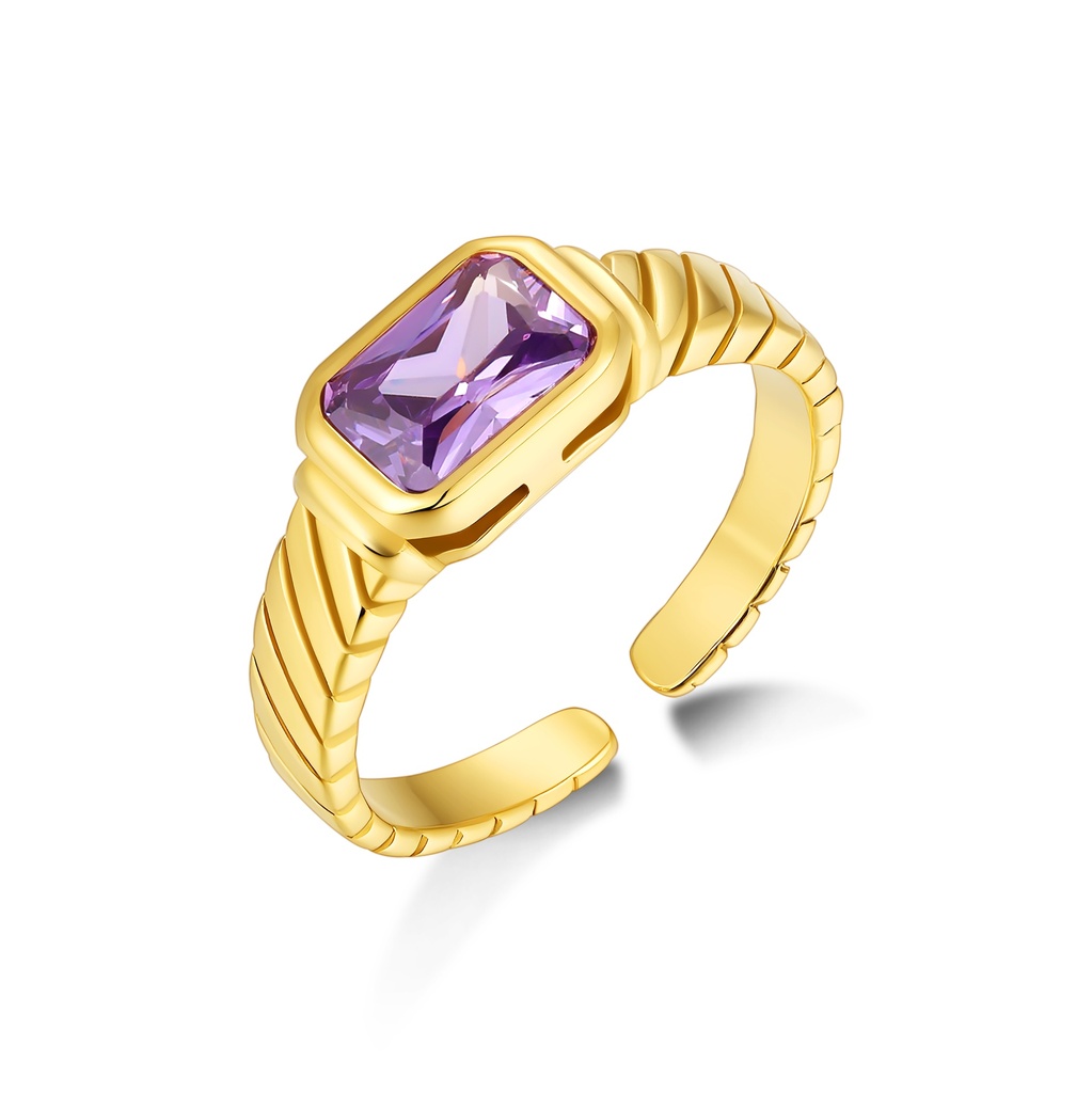 Gold Open Band Ring with Purple Baguette Cut Stone