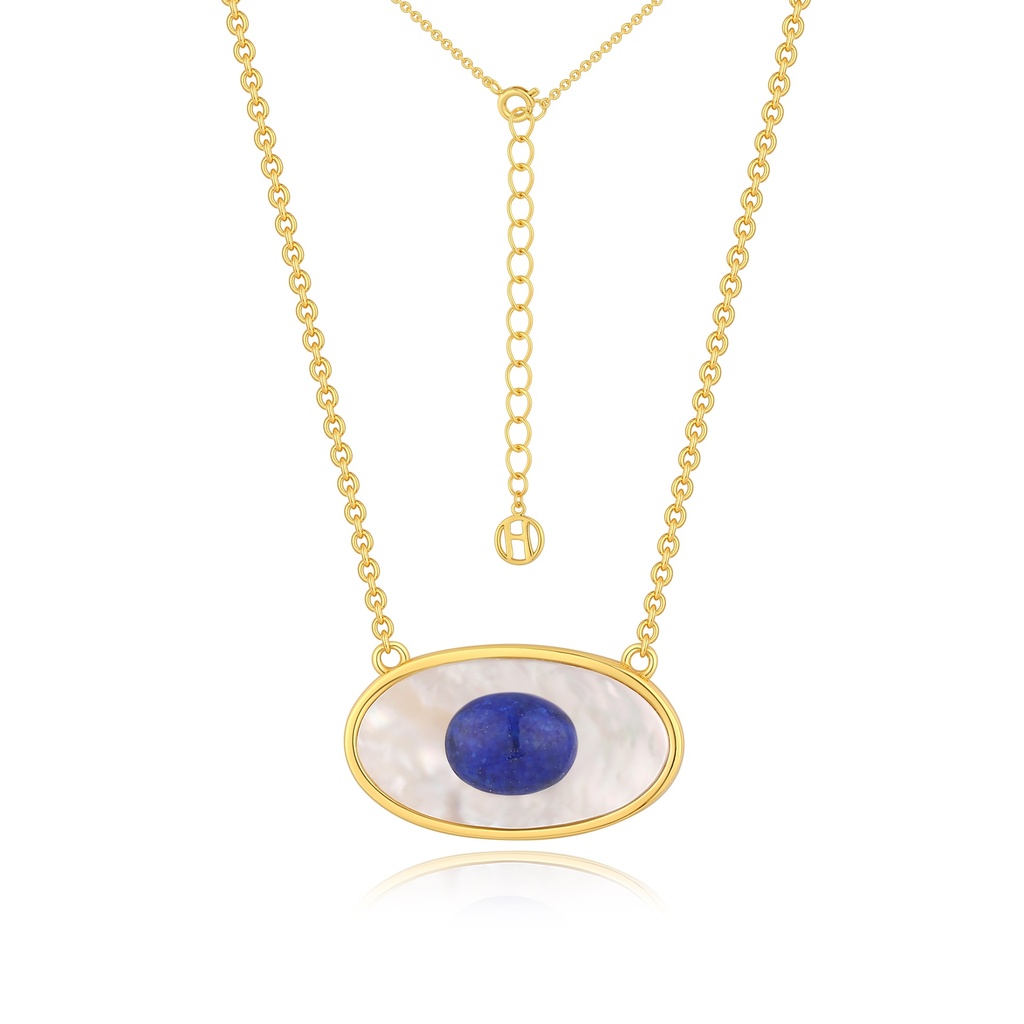 Gold Oval Pendant with Blue Gem and Shell Base