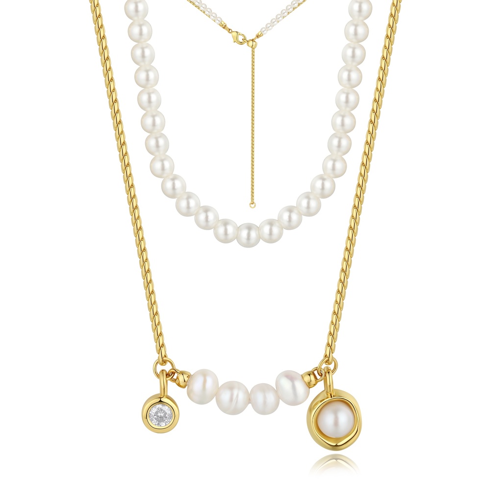 Gold Pearl Layered Necklace with Crystal Accents