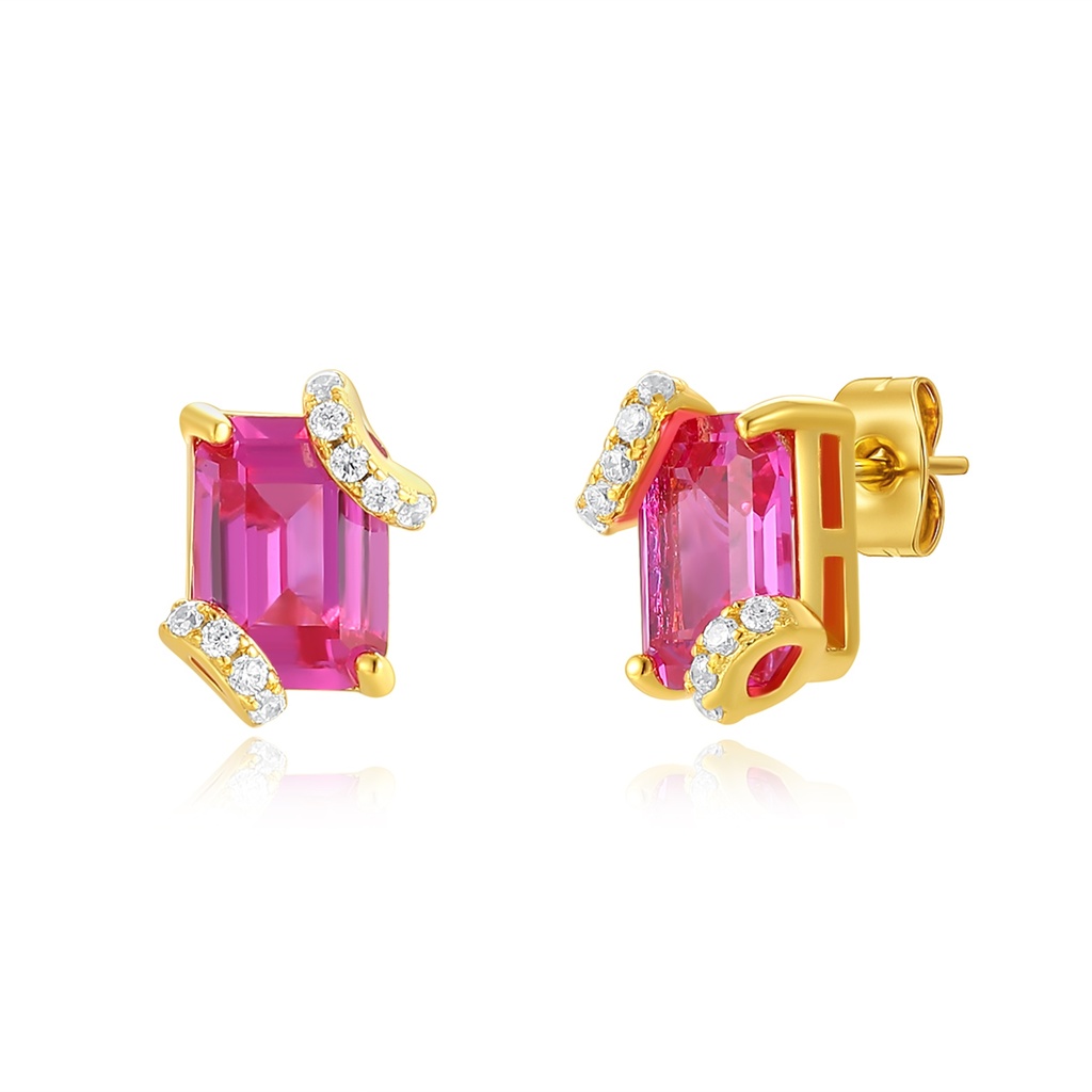 Gold Pink Crystal Stud Earrings with Sparkling Diamond-Like Accents