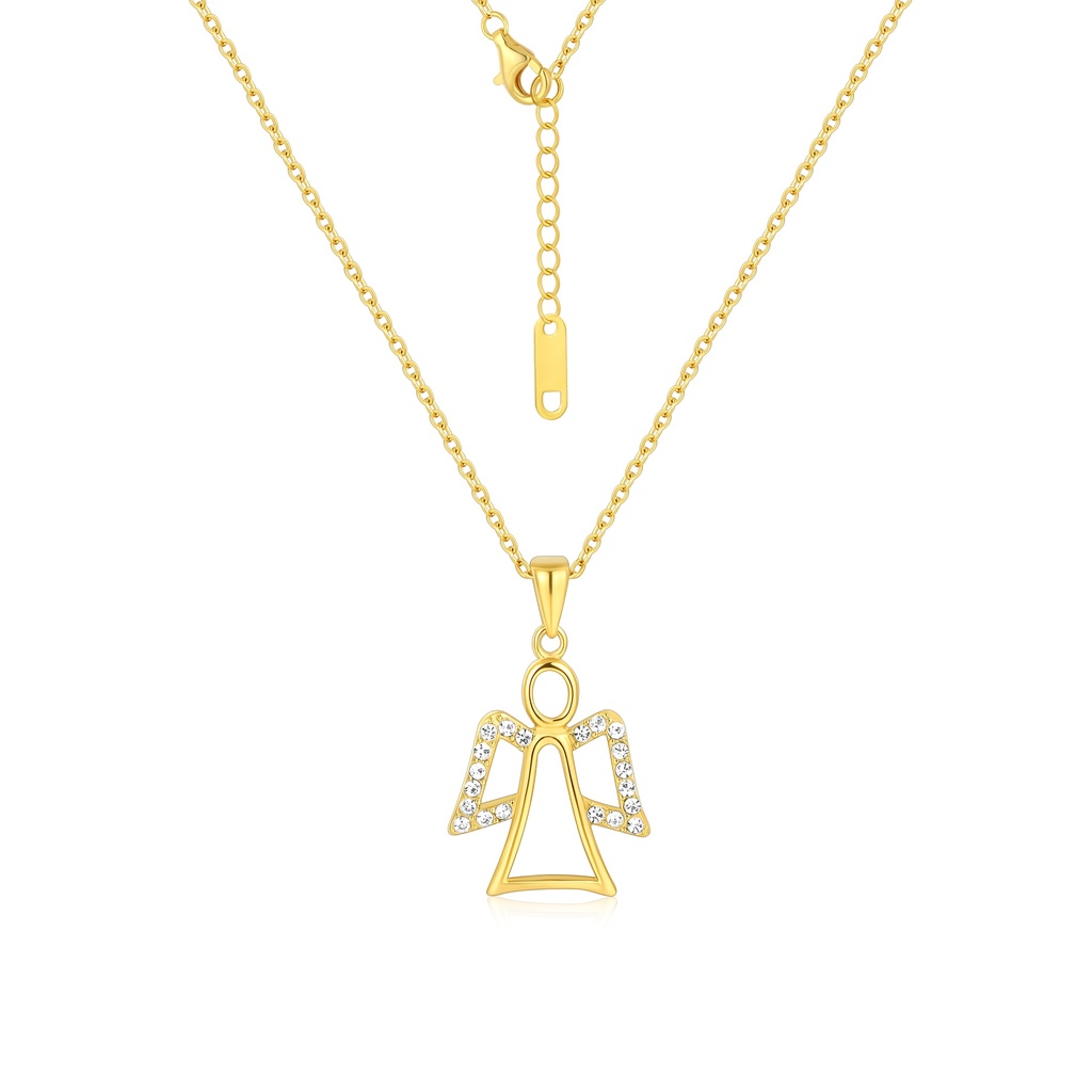 Gold Plated Angel Pendant Necklace with Crystal-Studded Wings Design