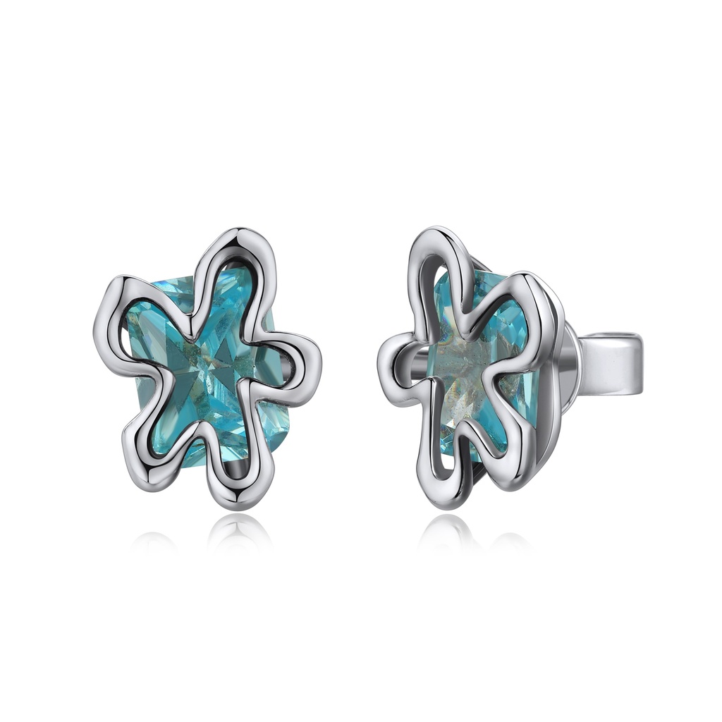 Blue Crystal Flower Stud Earrings in Wavy Silver Frame