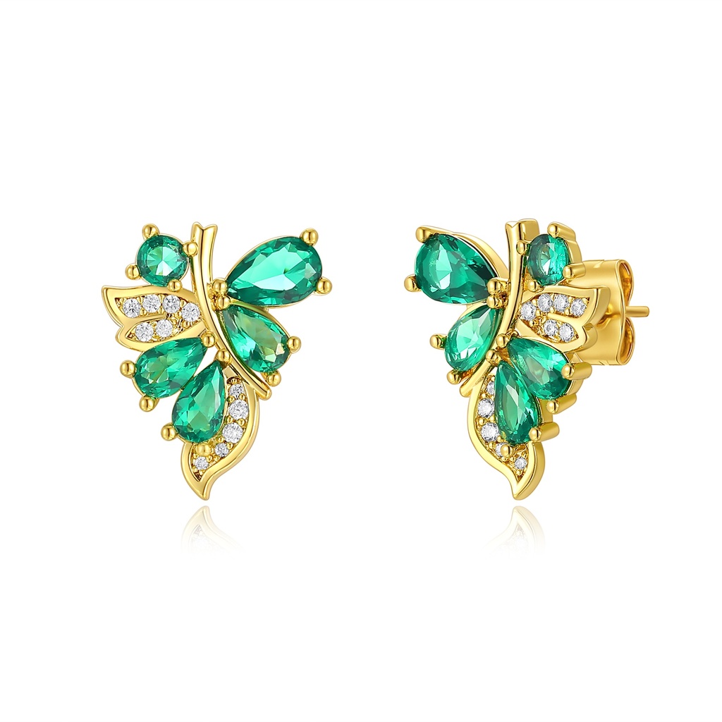 Gold Plated Butterfly Earrings with Green Teardrop Stones and Crystals