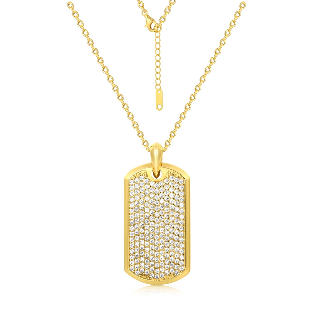 Gold Plated Stainless Steel Dog Tag Pendant Necklace With Shiny Crystals