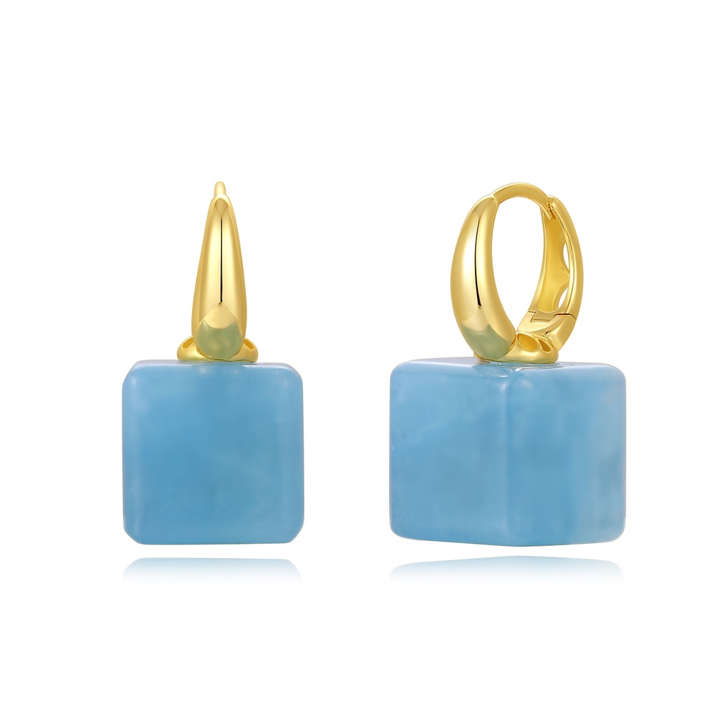 Gold Plated Stainless Steel Earrings with Square Blue Stone Drops