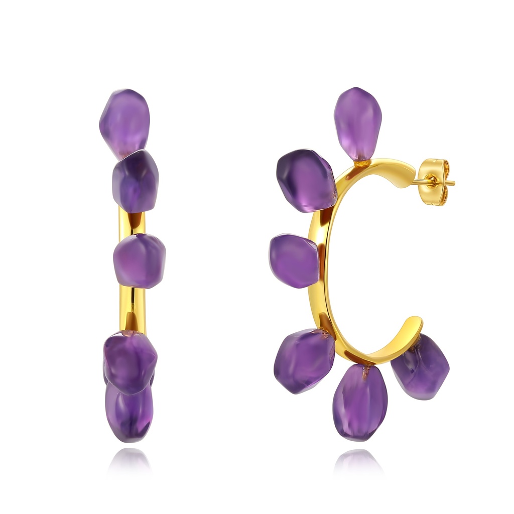 Gold Plated Stainless Steel Hoop Earrings with Purple Gemstone Accents