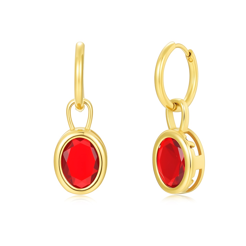 Gold Plated Stainless Steel Hoop Earrings with Red Oval Drop Crystals