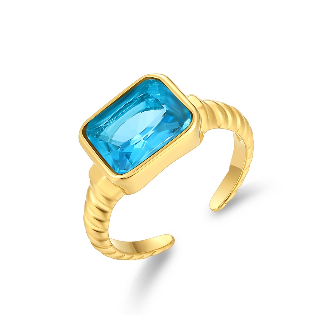 Gold Plated Stainless Steel Ring with Blue Rectangular Crystal Accent
