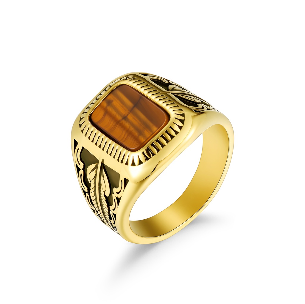 Gold Plated Stainless Steel Signet Ring with Tiger Eye Stone