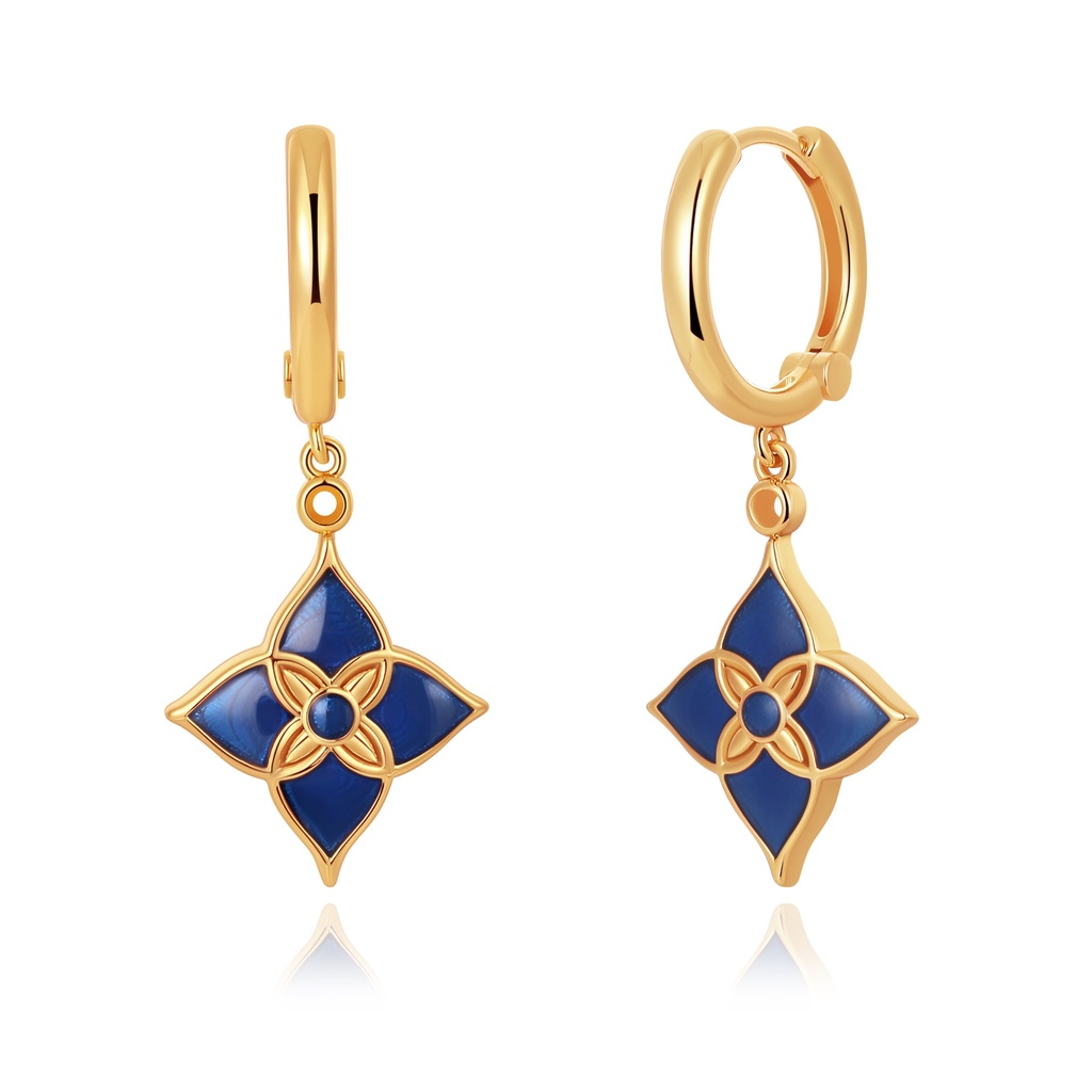 Blue Enamel Floral Drop Earrings with Gold Plated Finish