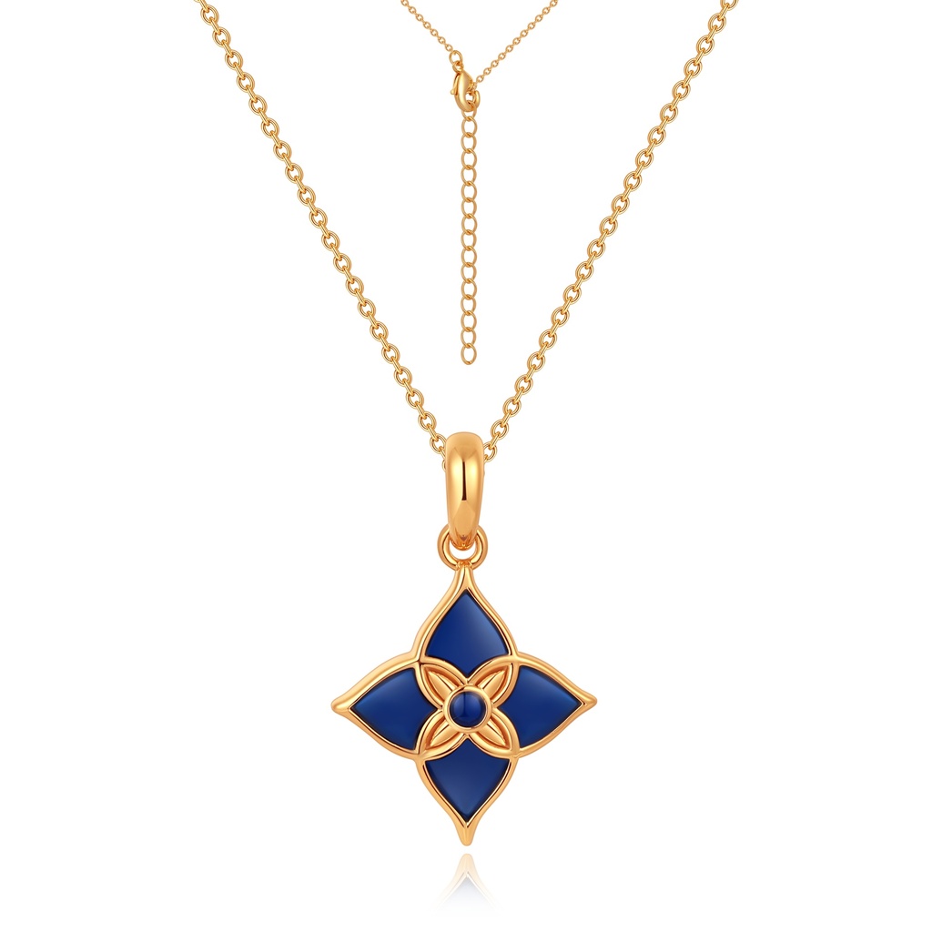 Blue Enamel Floral Pendant Necklace in Rose Gold Tone