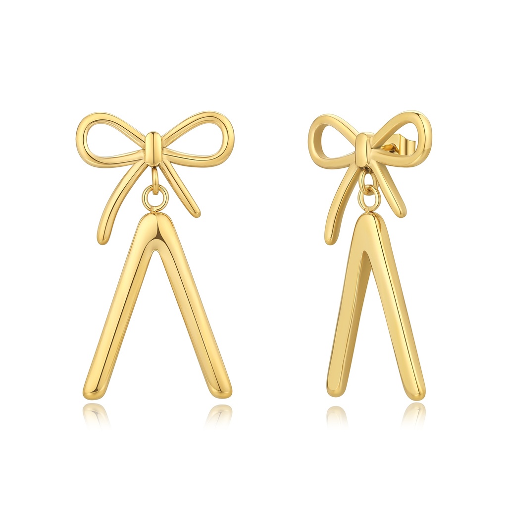 Gold Stainless Steel Bow Drop Earrings with Geometric V Design