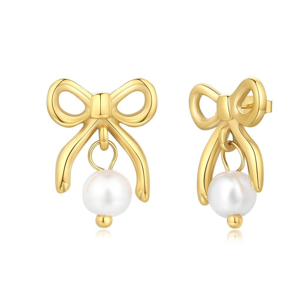 Gold Stainless Steel Bow Earrings with Dangling Pearl Charm