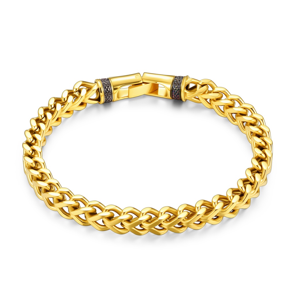 Gold Stainless Steel Bracelet with Black Stone Accents