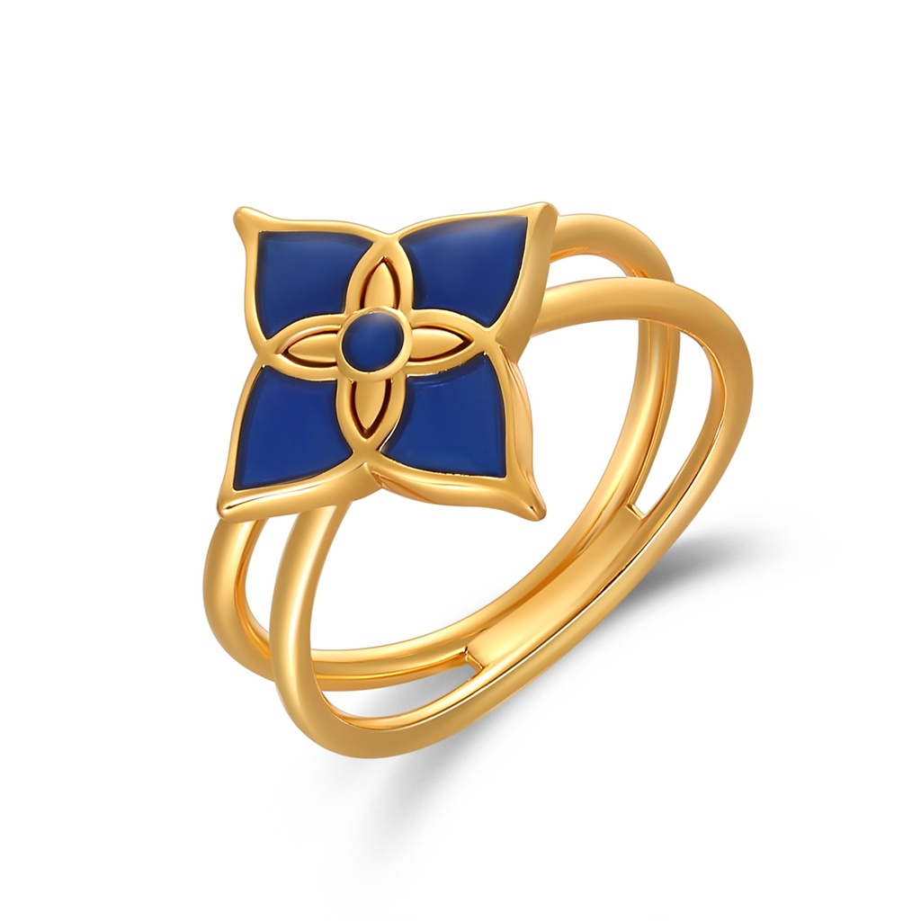Blue Enamel Flower Ring with Bold Golden Brass Band