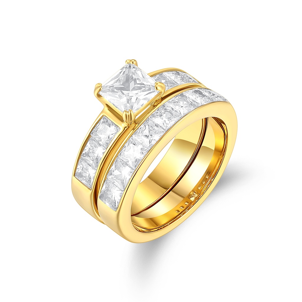 Gold Stainless Steel Bridal Ring Set with Princess Cut Stones