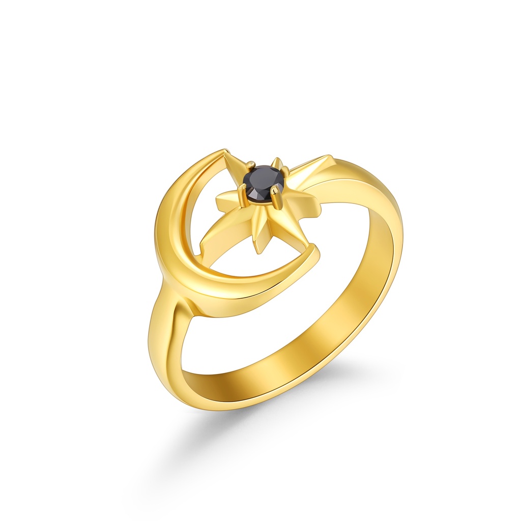 Gold Stainless Steel Crescent Moon Star Ring with Black Gem
