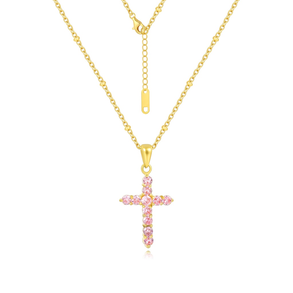 Gold Stainless Steel Cross Necklace with Pink Crystal Accents