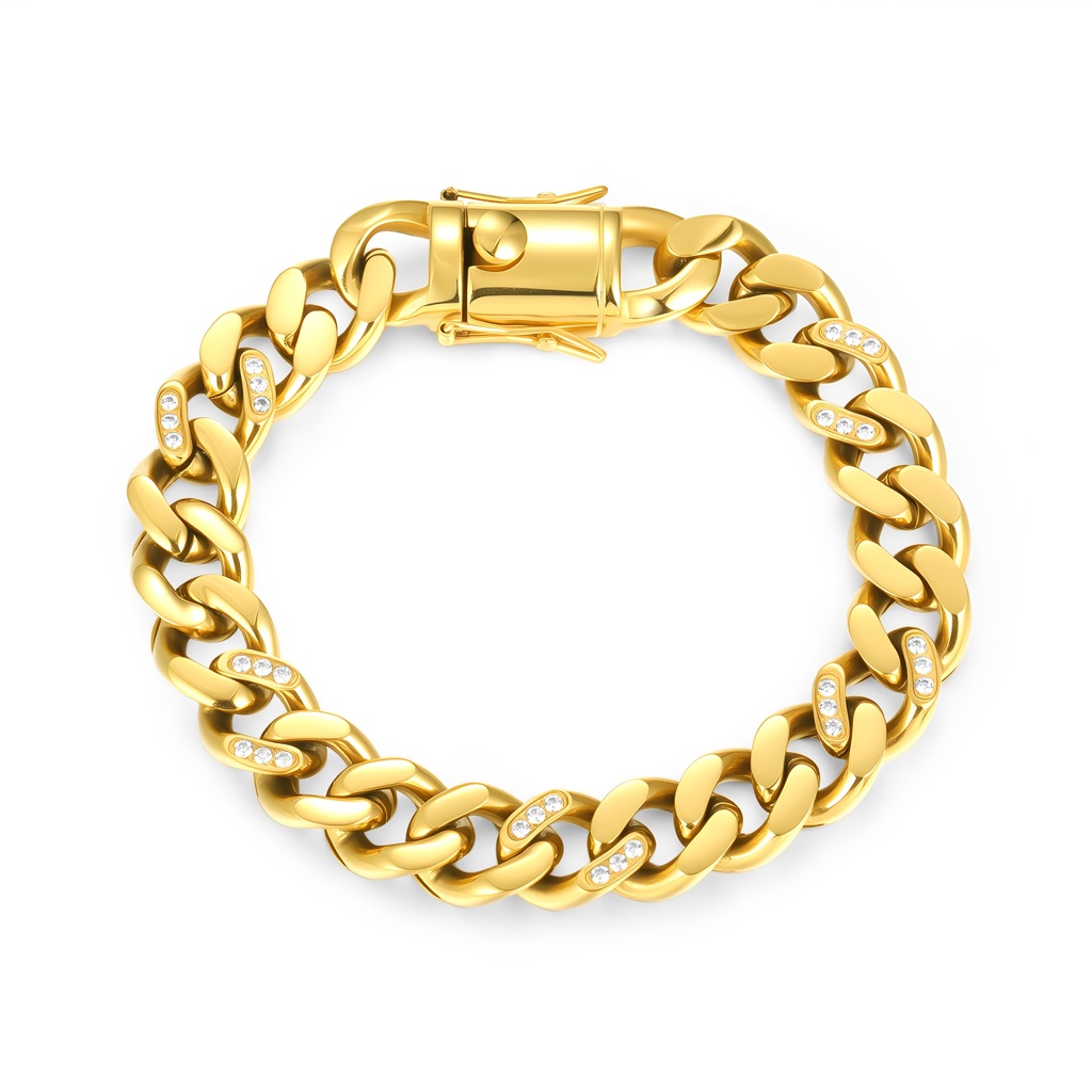 Gold Stainless Steel Cuban Link Bracelet with Crystal Accents