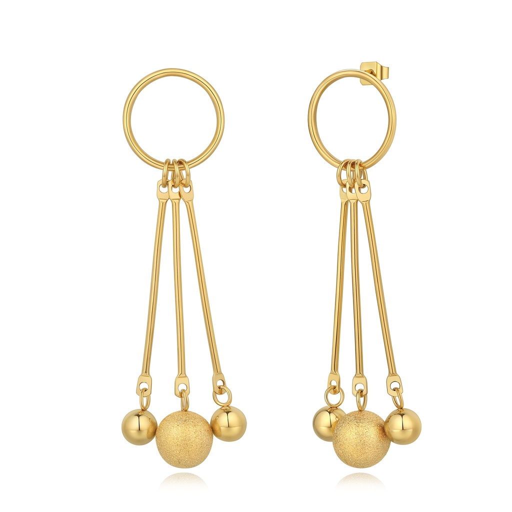 Gold Stainless Steel Dangle Earrings with Polished and Matte Balls