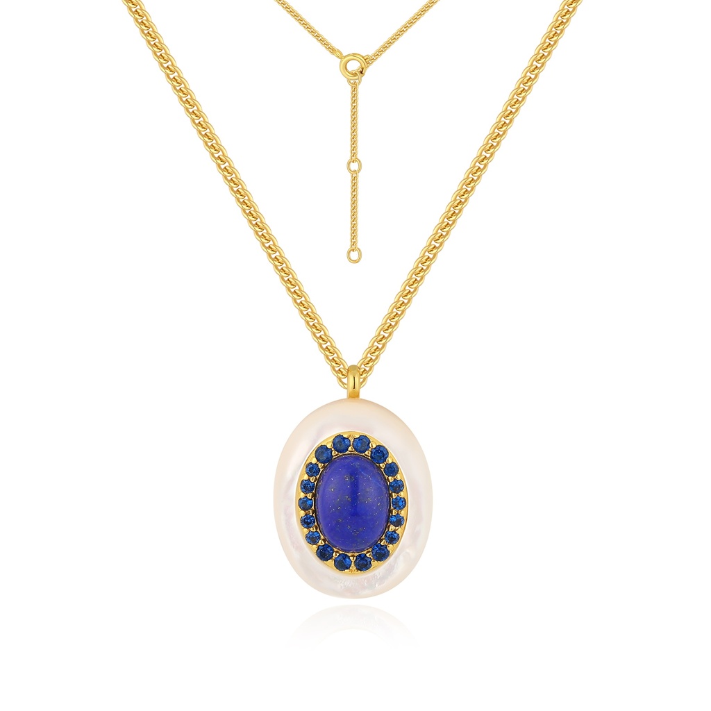 Blue Lapis Surrounded by Crystals on White Oval Pendant