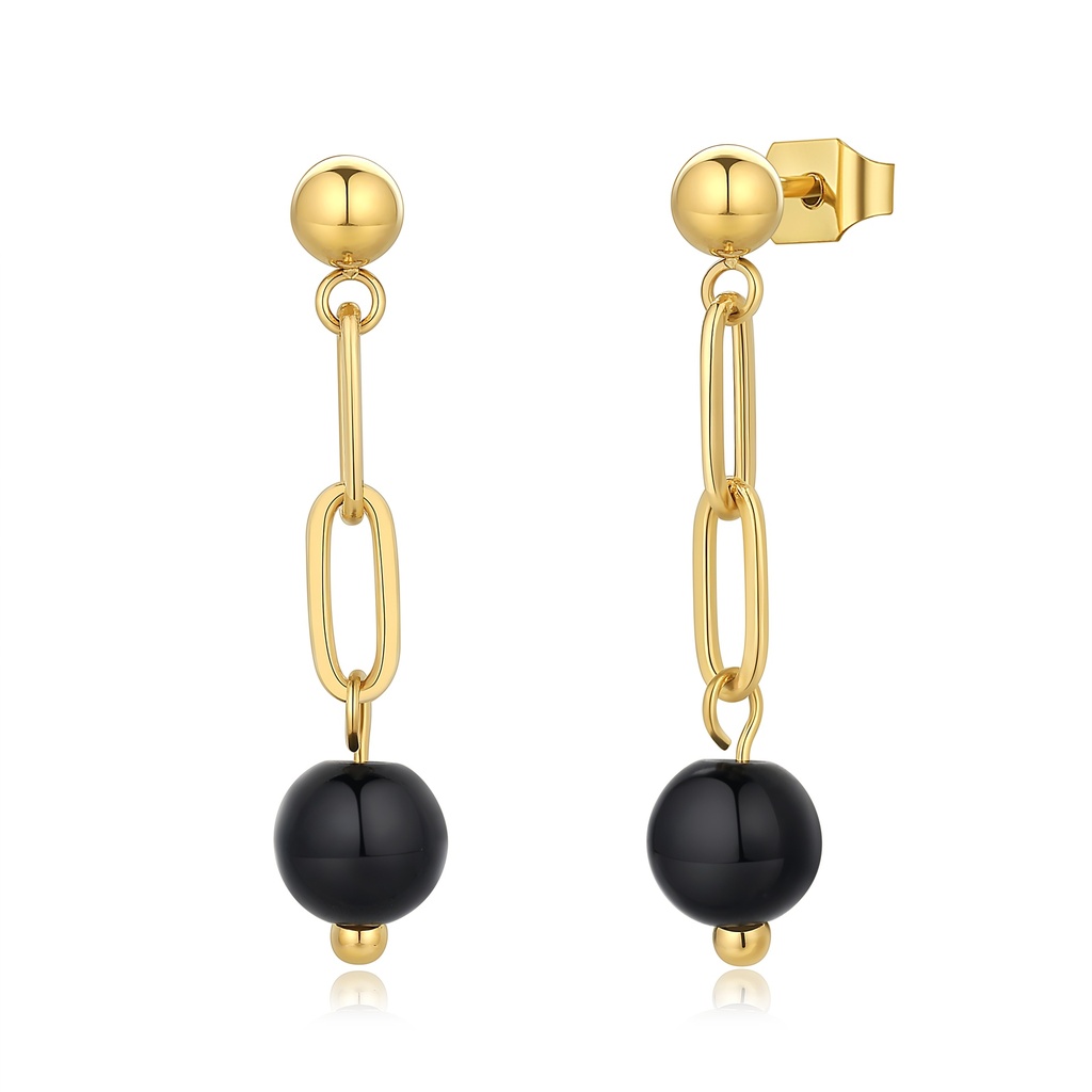 Gold Stainless Steel Drop Earrings with Black Bead Accents