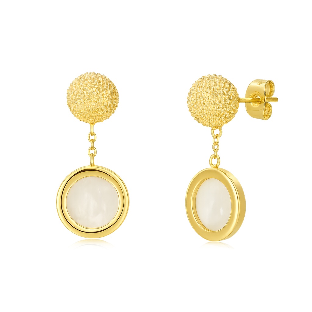 Gold Stainless Steel Drop Earrings with Textured Ball and Shell