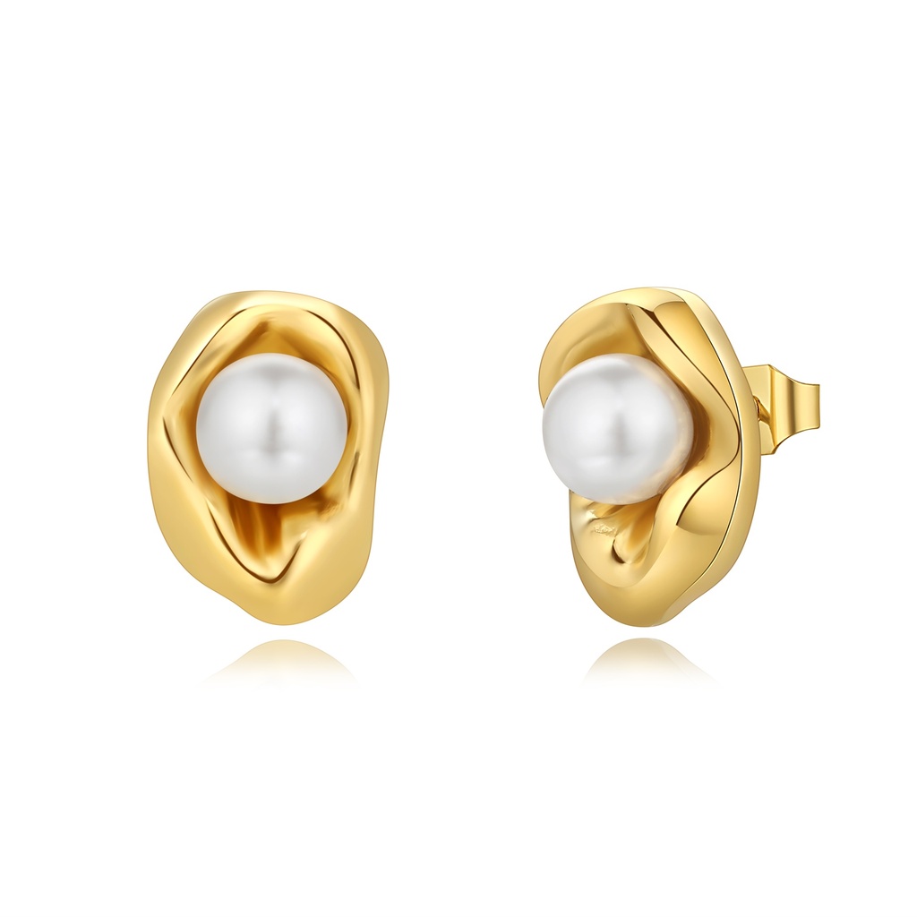 Gold Stainless Steel Earrings with Imitation Pearl Modern Design