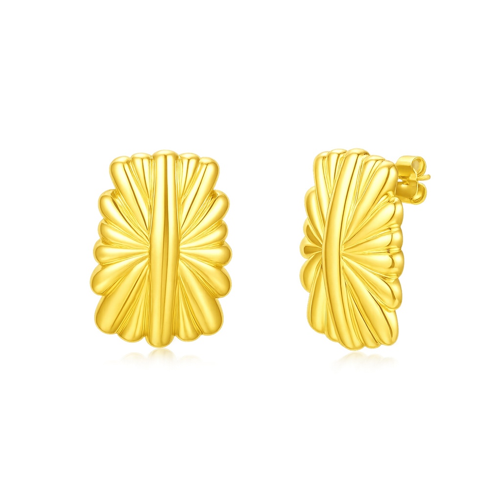 Gold Stainless Steel Fan-Shaped Statement Earrings with Textured Finish