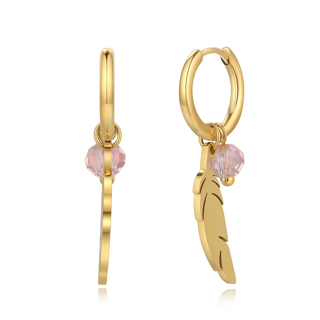 Gold Stainless Steel Feather Earrings with Pink Crystal Charm
