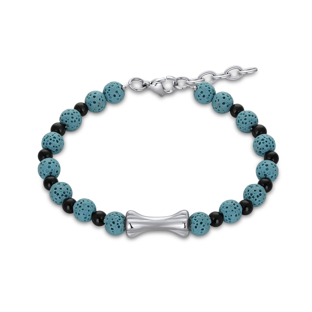 Blue Lava Stone and Onyx Beaded Bracelet with Curved Stainless Steel Centerpiece