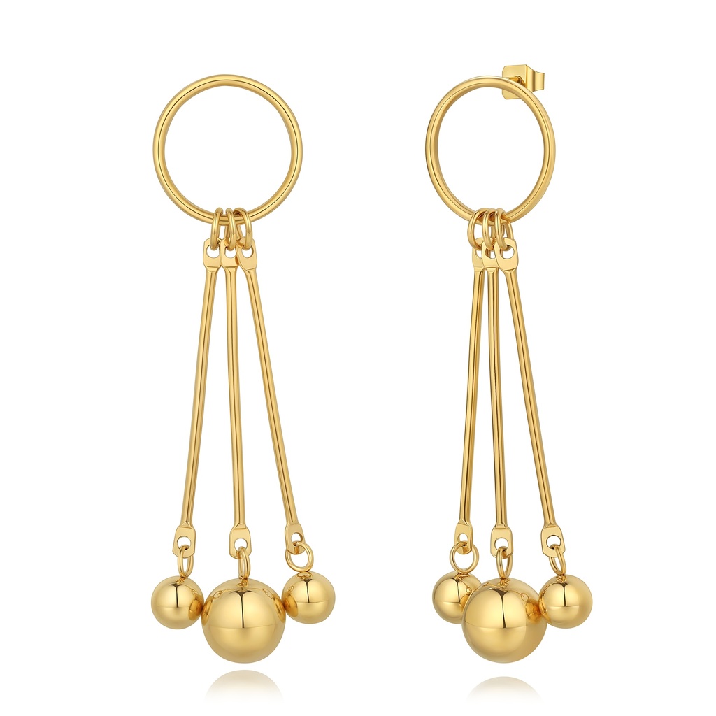 Gold Stainless Steel Geometric Dangle Earrings with Polished Ball Charms