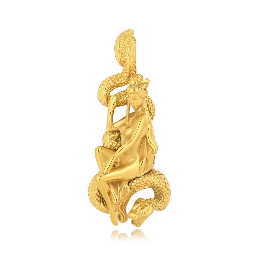 Gold Stainless Steel Goddess Pendant with Coiled Dragon Detail