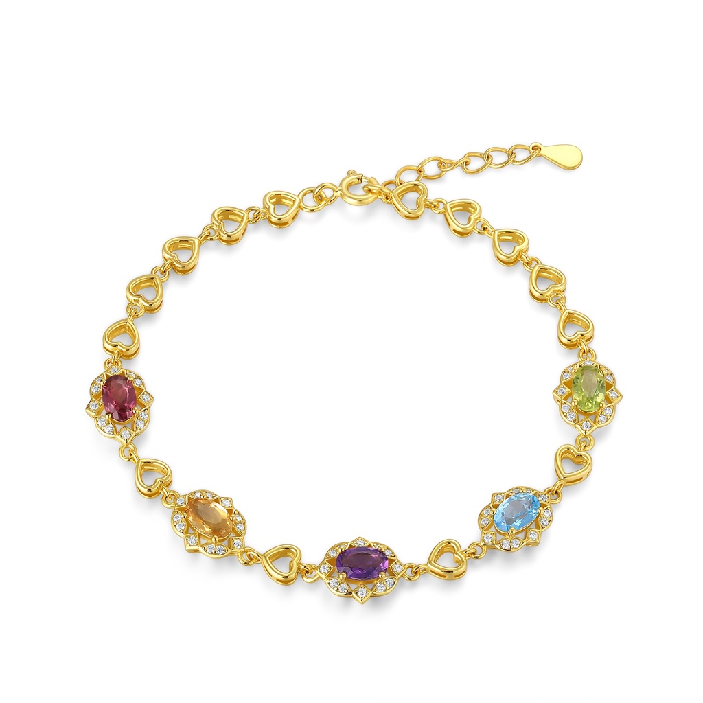 Gold Stainless Steel Heart Bracelet with Multicolor Zirconia Gemstones