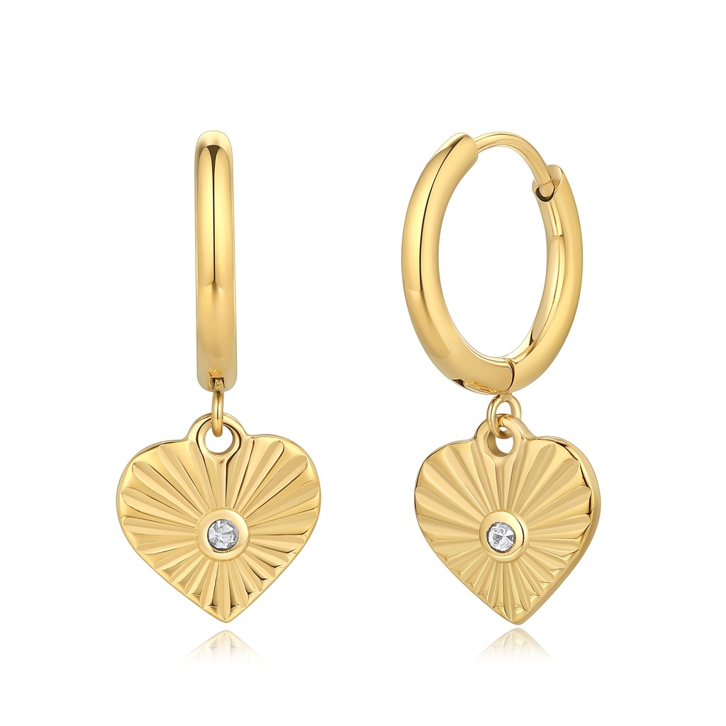 Gold Stainless Steel Heart Hoop Earrings with Crystal Accent