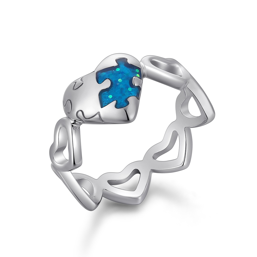 Blue Puzzle Heart Open Band Sterling Finish Brass Ring