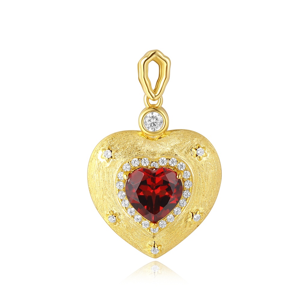 Gold Stainless Steel Heart Pendant with Red Crystal Center