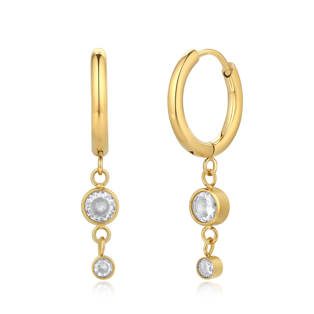 Gold Stainless Steel Hoop Earrings with Double Dangling CZ Charms