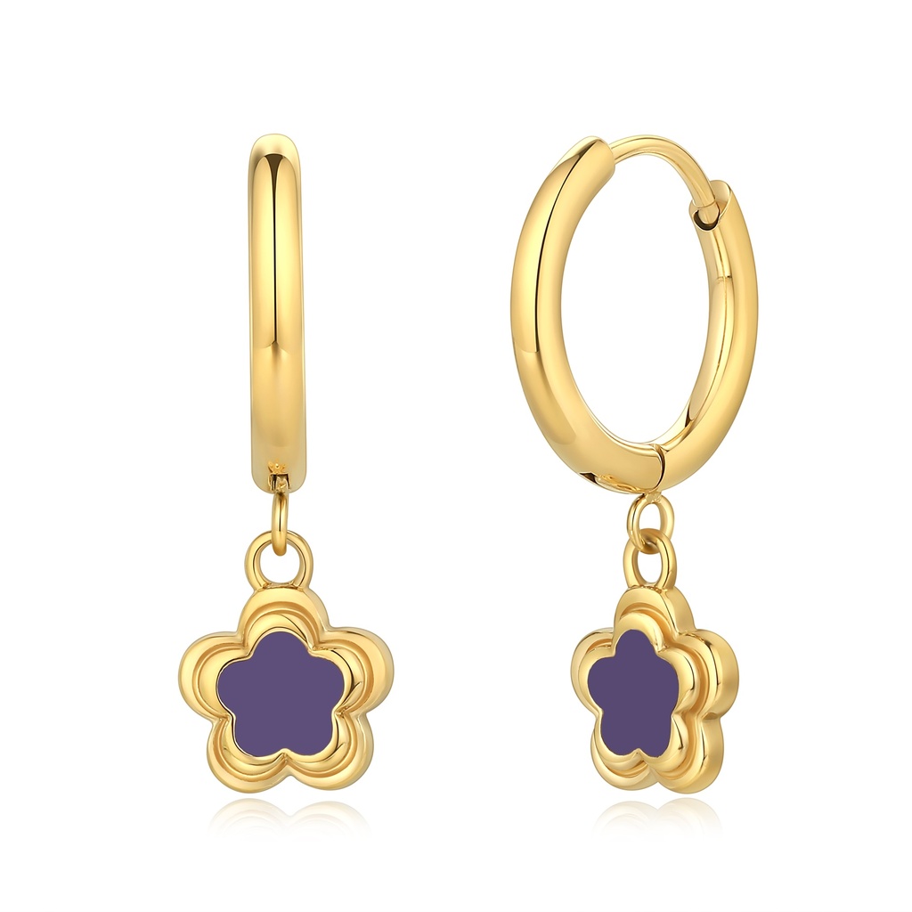 Gold Stainless Steel Hoop Earrings with Purple Enamel Flower Charms