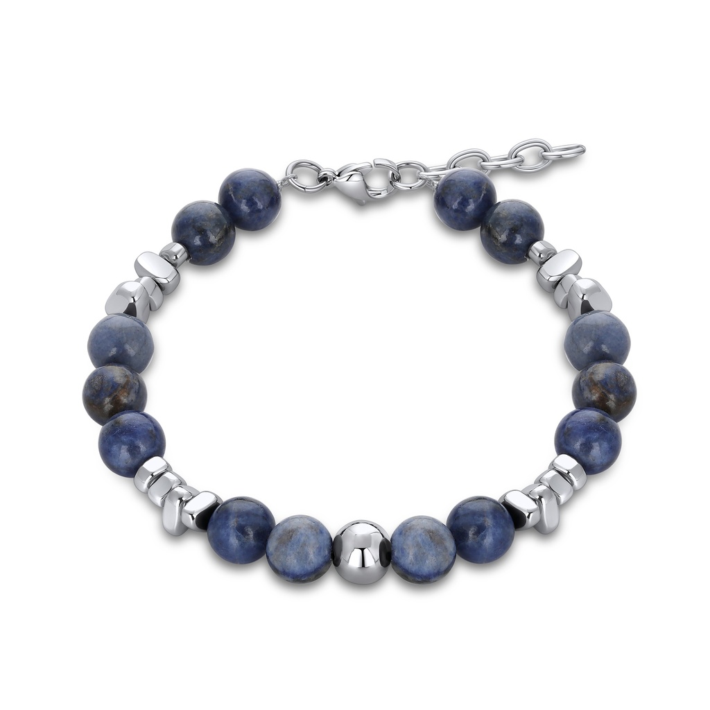 Blue Sodalite and Stainless Steel Beaded Bracelet