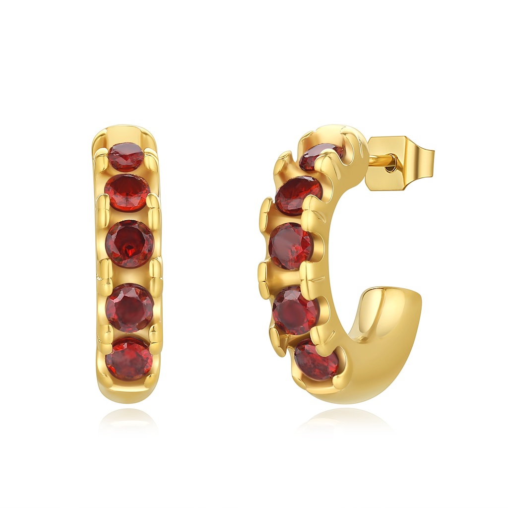 Gold Stainless Steel Hoop Earrings with Red Crystal Accents