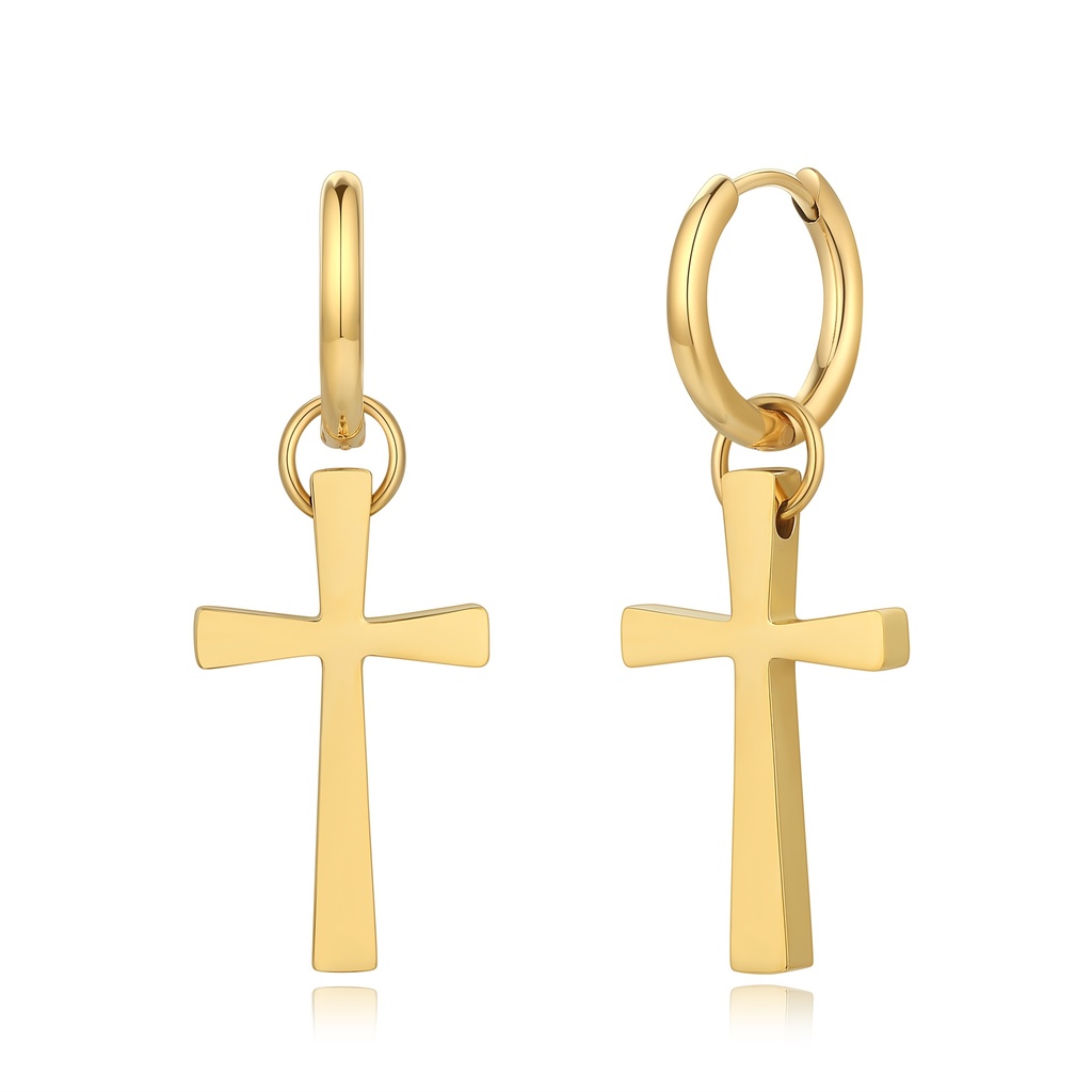Gold Stainless Steel Hoop Earrings with Simple Cross Charms