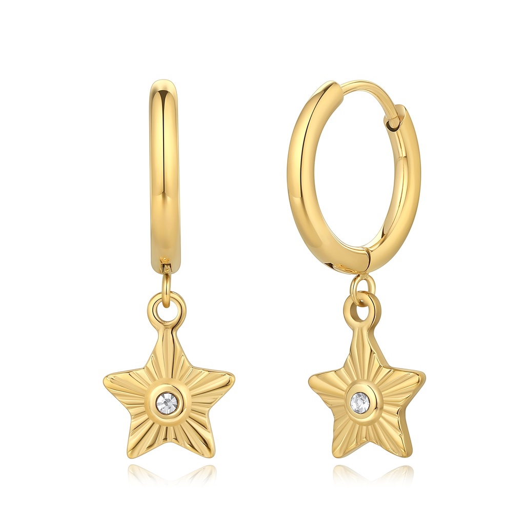 Gold Stainless Steel Hoop Earrings with Star Dangle Charm