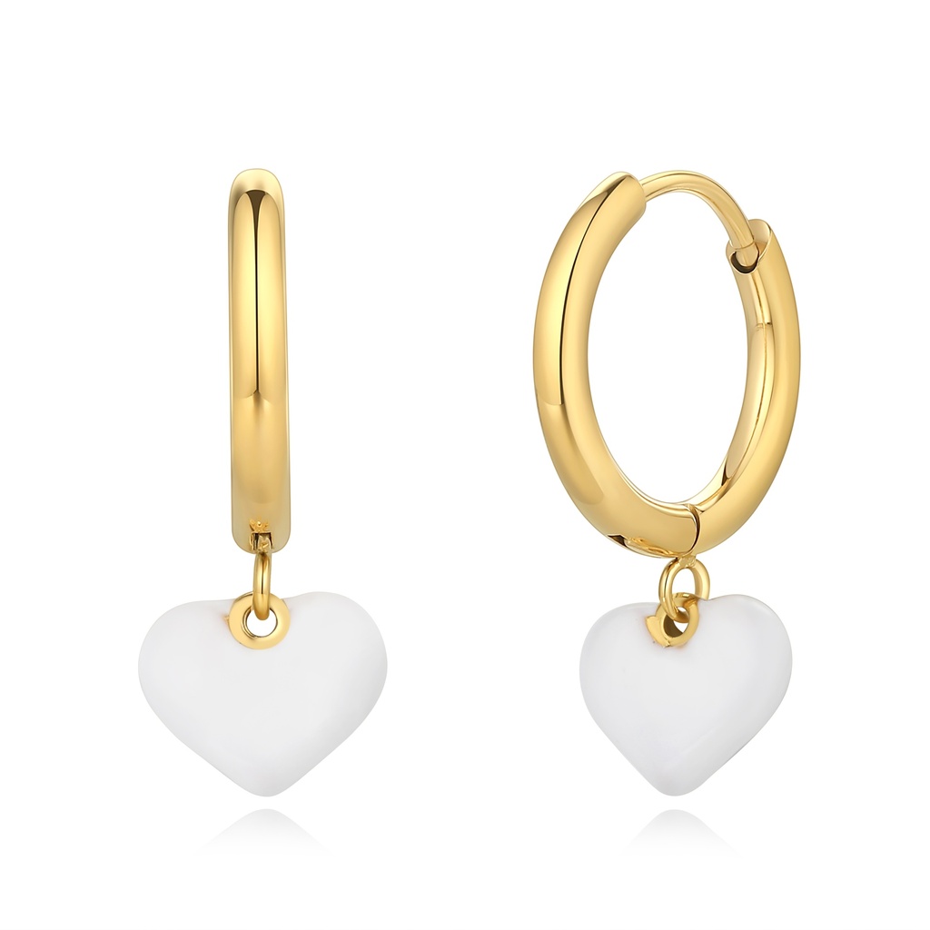 Gold Stainless Steel Hoop Earrings with White Heart Charms