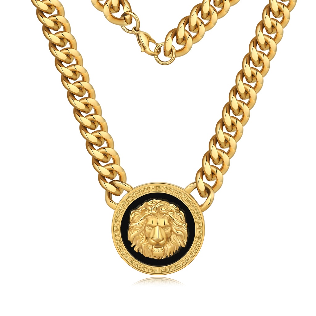 Gold Stainless Steel Lion Head Pendant Necklace for Men
