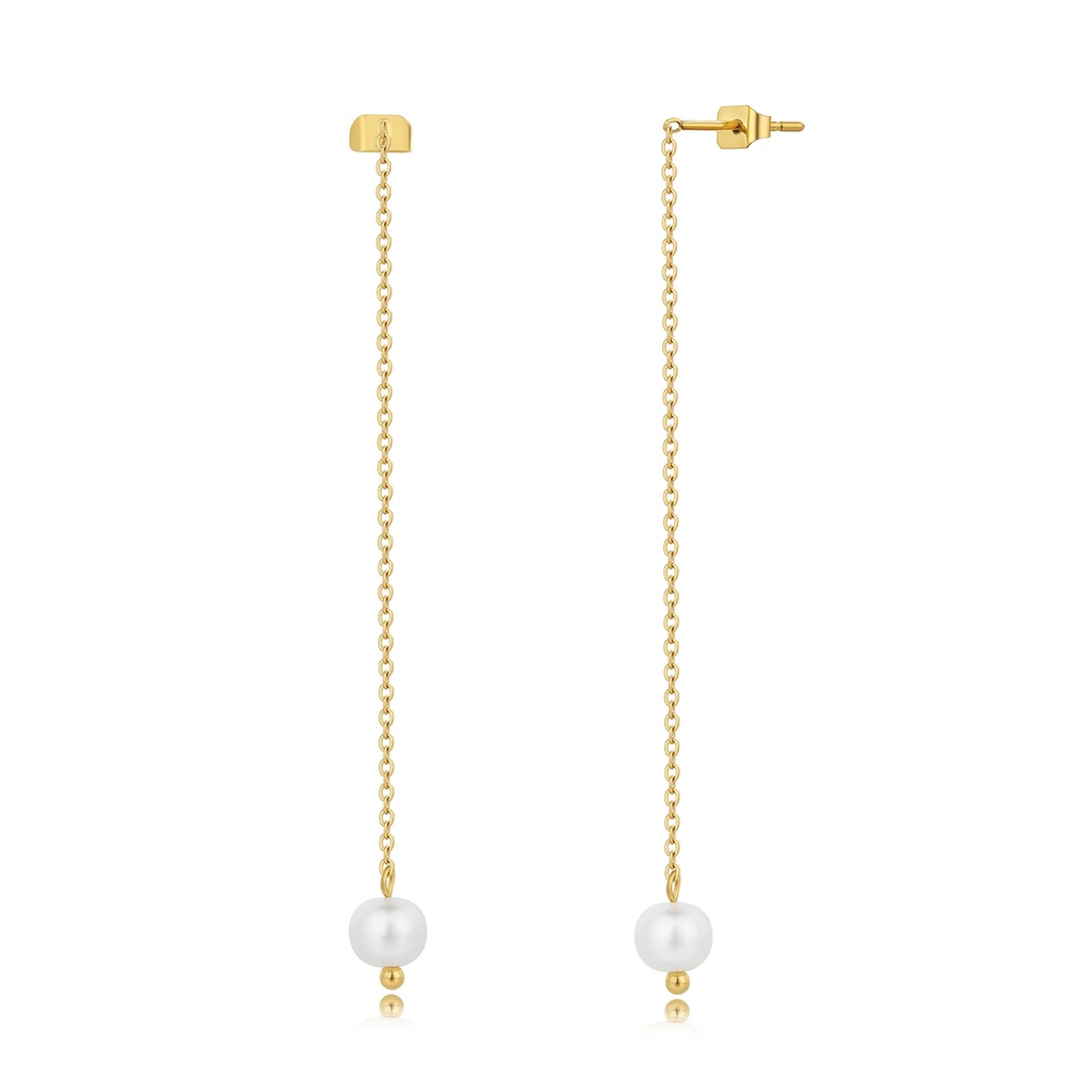 Gold Stainless Steel Long Chain Earrings with Pearl Drop